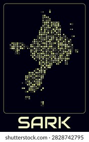 Sark digital style map. Small roundedSquare dots on dark background. Dotted shape of the island. Sark map and title. Elegant vector illustration.
