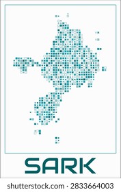 Sark digital style map. Small square dots on white background. Dotted shape of the island. Sark map and title. Modern vector illustration.