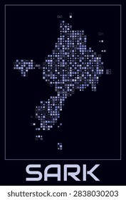 Sark digital style map. Small square dots on dark background. Dotted shape of the island. Sark map and title. Classy vector illustration.