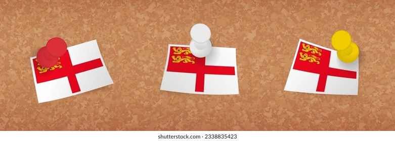 Sark flag pinned in cork board, three versions of Sark flag. Vector pushpins and flag set.