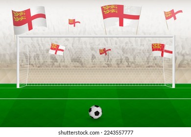 Sark football team fans with flags of Sark cheering on stadium, penalty kick concept in a soccer match. Sports vector illustration.