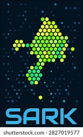 Sark hexagon dots map. Guernsey. Digital style shape of the island. Sark map and title. Large green colored hexagons, sparse blue dots at background. Vector Illustration.