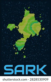 Sark hexagon dots map. Guernsey. Digital style shape of the island. Sark map and title. Tiny green colored hexagons, sparse blue dots at background. Vector Illustration.