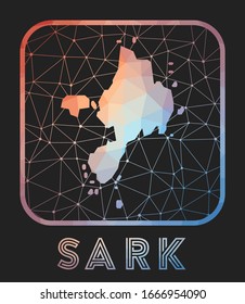 Sark map design. Vector low poly map of the island. Sark icon in geometric style. The island shape with polygonal gradient and mesh on dark background.