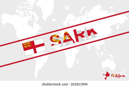 Sark map flag and text illustration, on world map