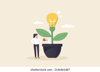 Sark new ideas that affect the business or company. create new opportunities. invent new innovation. Woman watering the light bulb tree.