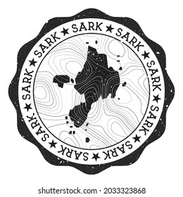 Sark outdoor stamp. Round sticker with a map of the island with topographic isolines. Vector illustration. Can be used as insignia, logotype, label, sticker or badge of Sark.