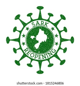 Sark Reopening Stamp. Green round badge of island with map of Sark. Island opening after lockdown. Vector illustration.