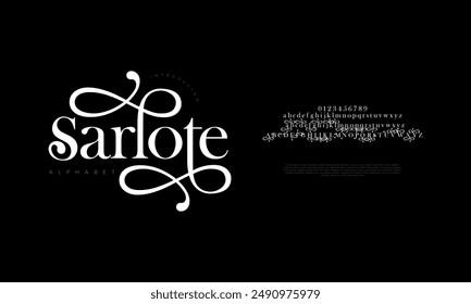 Sarlote ostenta letras y números de alfabeto elegantes de lujo. tipografía de boda Antiguas classic serif font decorativo vintage retro. Ilustración vectorial creativa