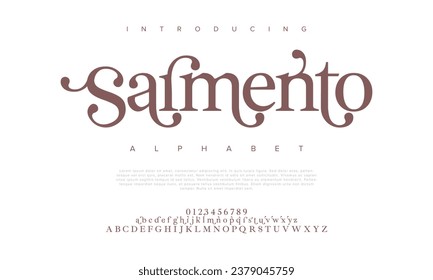 Sarmento premium luxury elegant alphabet letters and numbers. Elegant wedding typography classic serif font decorative vintage retro. Creative vector illustration