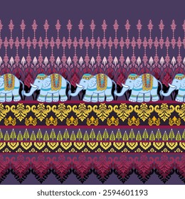 The sarong has a blue elephants pattern on a background with purple and yellow damask patterns. on a dark purple background