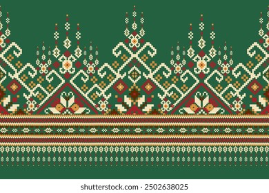 Sarong pattern.geometric ethnic oriental pattern on green background vector illustration.floral cross stitch pattern,Aztec style,abstract background.design for texture,fabric,clothing,decoration.