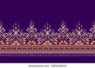 Sarong pattern.geometric ethnic oriental pattern on purple background vector illustration.floral cross stitch pattern,Aztec style,abstract background.design for texture,fabric,clothing,decoration.