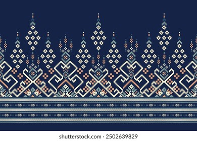 Patrón de Sarong. patrón oriental étnico geométrico sobre fondo azul marino. patrón de punto de cruz floral, estilo azteca, fondo abstracto. Ilustración vectorial para textura, tela, ropa, decoración.