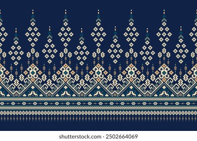 Sarong pattern.geometric ethnic oriental pattern on navy blue background vector illustration.floral cross stitch pattern,Aztec style,abstract background.design for texture,fabric,clothing,decoration