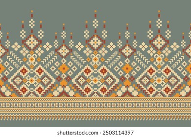 Sarong pattern.geometric ethnic oriental pattern on green background vector illustration.floral cross stitch pattern,Aztec style,abstract background.design for texture,fabric,clothing,decoration,sari