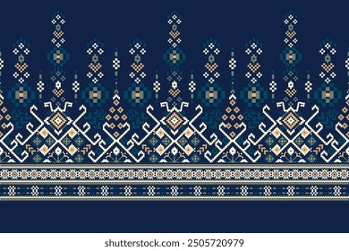 Sarong pattern.geometric ethnic oriental pattern on navy blue background vector illustration.floral cross stitch pattern,Aztec style,abstract background.design for texture,fabric,clothing,decoration.