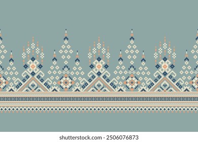 Sarong pattern.geometric ethnic oriental pattern on blue background vector illustration.floral cross stitch pattern,Aztec style,abstract background.design for texture,fabric,clothing,decoration,print.