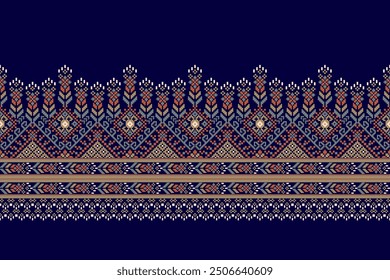 Sarong pattern.geometric ethnic oriental pattern on navy blue background vector illustration.floral cross stitch pattern,Aztec style,abstract background.design for texture,fabric,clothing,decoration.