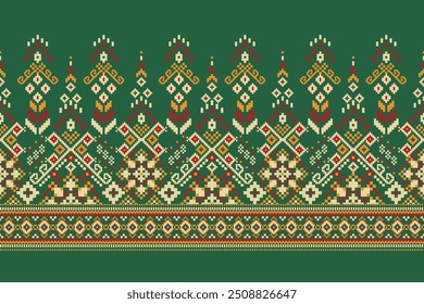 Sarong pattern.geometric ethnic oriental pattern on green background vector illustration.floral cross stitch pattern,Aztec style,abstract background.design for texture,fabric,clothing,decoration.