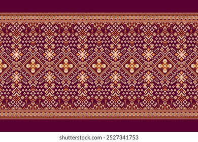 Padrão Sarong,padrão étnico oriental geométrico sobre fundo de mogno,ilustração vetorial,padrão floral geométrico,estilo asteca,background.design abstrato para textura,tecido,roupas,decoração,impressão