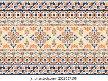 Patrón de Sarong. patrón oriental étnico geométrico en Ilustración vectorial de fondo beige. Patrón de punto de cruz, estilo azteca, fondo abstracto. Diseño de flores para textura, tela, ropa, decoración.