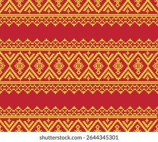 Sarong pattern.geometric ethnic oriental pattern on red background vector illustration.floral cross stitch pattern,Aztec style,abstract background.
