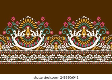 Sarong pattern.Ikat floral design pattern on brown background vector illustration.Ikat ethnic oriental embroidery.Aztec style,abstract.design for texture,fabric,clothing,wrapping,decoration,print,rug.