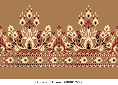 Patrón de Sarong. Patrón de diseño floral Ikat sobre fondo marrón Ilustración vectorial. Ikat bordado étnico oriental. Estilo azteca, abstracto. Diseño para textura, tela, ropa, envoltura, decoración, impresión, alfombra.