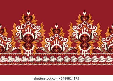 Sarong pattern.Ikat floral design pattern on red background vector illustration.Ikat ethnic oriental embroidery.Aztec style,abstract.design for texture,fabric,clothing,wrapping,decoration,print,rug.