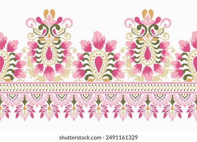 Sarong-Muster.Ikat Blumenmuster-Muster auf weißem Hintergrund Vektorillustration.Ikat ethnisch orientalische Stickerei.Aztec-Stil,abstrakt.Design für Textur, Stoff,Bekleidung,Verpackung,Dekoration,Druck,Teppich.
