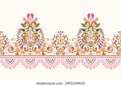 Sarong pattern.Ikat floral design pattern on white background vector illustration.Ikat ethnic oriental embroidery.Aztec style,abstract.design for texture,fabric,clothing,wrapping,decoration,print,rug.