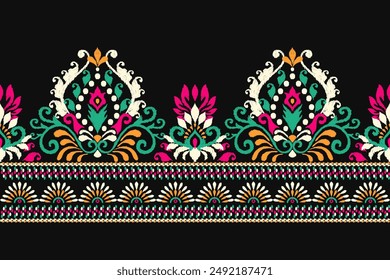Sarong pattern.Ikat floral design pattern on black background vector illustration.Ikat ethnic oriental embroidery.Aztec style,abstract.design for texture,fabric,clothing,wrapping,decoration,print,rug.