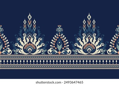 Sarong pattern.Ikat floral design pattern on navy blue background vector illustration.Ikat ethnic oriental embroidery.Aztec style,abstract.design for texture,fabric,clothing,wrapping,decoration,print.