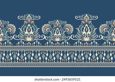 Patrón de Sarong. Patrón de diseño floral Ikat sobre fondo azul Ilustración vectorial. Bordado étnico oriental Ikat. Estilo azteca, abstracto. Diseño para textura, tela, ropa, envoltura, decoración, impresión, sari