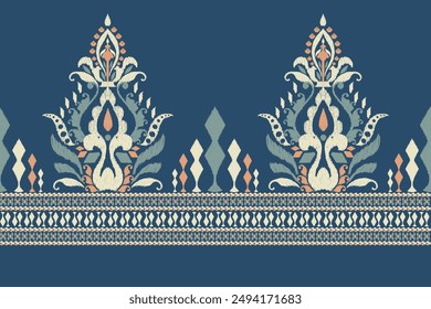 Patrón de Sarong. Patrón de diseño floral Ikat sobre fondo azul Ilustración vectorial. Bordado étnico oriental Ikat. Estilo azteca, abstracto. Diseño para textura, tela, ropa, envoltura, decoración, impresión, sari