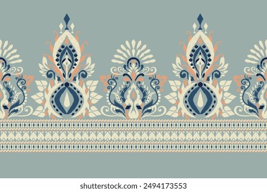 Patrón de Sarong. Patrón de diseño floral Ikat sobre fondo azul Ilustración vectorial. Bordado étnico oriental Ikat. Estilo azteca, abstracto. Diseño para textura, tela, ropa, envoltura, decoración, impresión, sari