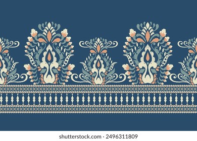 Patrón de Sarong. Patrón de diseño floral Ikat sobre fondo azul Ilustración vectorial. Bordado oriental étnico Ikat. Estilo azteca, abstracto. diseño para textura, tela, ropa, envoltura, decoración, impresión, saree