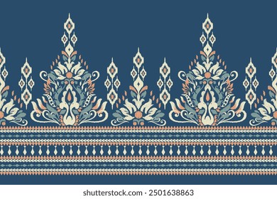 Sarong pattern.Ikat floral design pattern on blue background vector illustration.Ikat ethnic oriental embroidery.Aztec style,abstract.design for texture,fabric,clothing,wrapping,decoration,print,saree