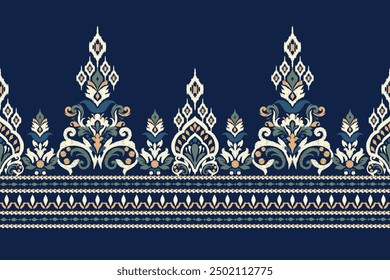 Sarong pattern.Ikat floral design pattern on navy blue background vector illustration.Ikat ethnic oriental embroidery.Aztec style,abstract.design for texture,fabric,clothing,wrapping,decoration,print.