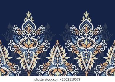Sarong pattern.Ikat floral design pattern on navy blue background vector illustration.Ikat ethnic oriental embroidery.Aztec style,abstract.design for texture,fabric,clothing,wrapping,decoration,print.