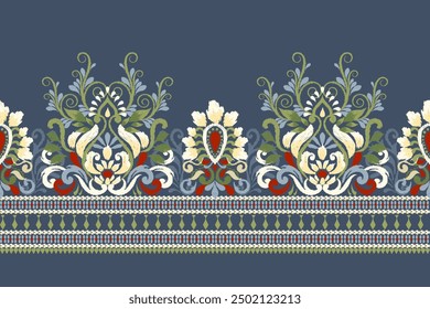 Sarong pattern.Ikat floral design pattern on blue background vector illustration.Ikat ethnic oriental embroidery.Aztec style,abstract.design for texture,fabric,clothing,wrapping,decoration,print,saree