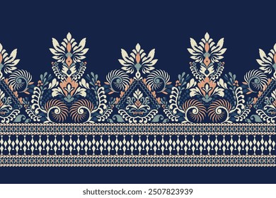 Sarong pattern.Ikat floral design pattern on navy blue background vector illustration.Ikat ethnic oriental embroidery.Aztec style,abstract.design for texture,fabric,clothing,wrapping,decoration,print.