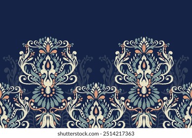 Patrón de Sarong. Patrón de diseño floral Ikat sobre fondo azul Ilustración vectorial. Bordado oriental étnico Ikat. Estilo azteca, abstracto. diseño para textura, tela, ropa, envoltura, decoración, impresión, saree