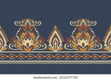 Patrón de Sarong. Patrón de diseño floral Ikat sobre fondo azul Ilustración vectorial. Bordado oriental étnico Ikat. Estilo azteca, abstracto. diseño para textura, tela, ropa, envoltura, decoración, impresión, saree