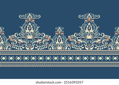 Sarong pattern.Ikat floral design pattern on blue background vector illustration.Ikat ethnic oriental embroidery.Aztec style,abstract.design for texture,fabric,clothing,wrapping,decoration,print,saree