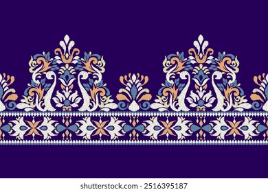 Sarong pattern.Ikat floral design pattern on navy blue background vector illustration.Ikat ethnic oriental embroidery.Aztec style,abstract.design for texture,fabric,clothing,wrapping,decoration,print.