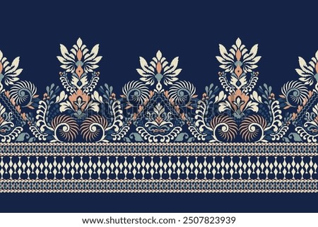 Sarong pattern.Ikat floral design pattern on navy blue background vector illustration.Ikat ethnic oriental embroidery.Aztec style,abstract.design for texture,fabric,clothing,wrapping,decoration,print