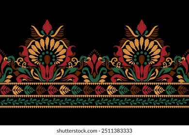 Patrón de Sarong.Ikat patrón floral sobre fondo negro, bordado Ikat, Ilustración vectorial, patrón étnico Ikat, estilo azteca, bordado barroco.diseño para textura, tela, ropa, decoración, sarong, impresión