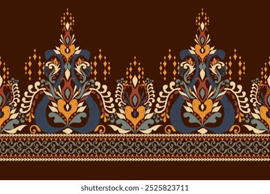 Sarong pattern,Ikat floral pattern on brown background,vector illustration,Ikat ethnic oriental pattern,Ikat embroidery,Aztec style,hand drawn.design for texture,fabric,clothing,decoration,sarong.